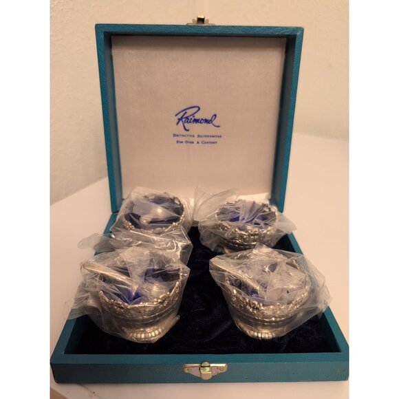 Set of 4 Vintage Raimond Silver Plate Salt Dishes Cobalt Cobalt Blue Glass Cella - Picture 1 of 12
